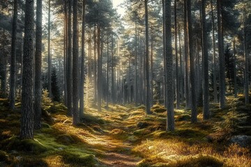 Naklejka premium Sunlit forest path winding through tall pine trees with golden light filtering through creating a serene and peaceful atmosphere