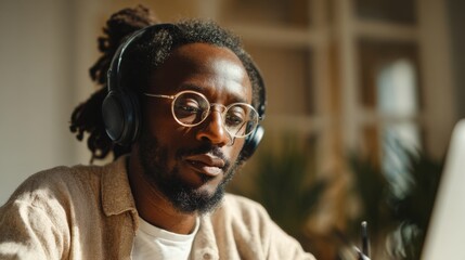 Fototapeta premium Focused Black male wearing headphones, working intently at his laptop in a bright, modern workspace.
