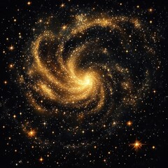 Fototapeta premium Spiral galaxy with bright golden stars and glowing core set against a deep black space background, displaying swirling cosmic dust and star clusters