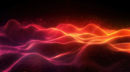 Glowing digital landscape of flowing red and orange waveforms composed of numerous connected points creating a futuristic, dynamic atmosphere