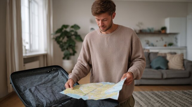 A young Caucasian man examines a map while packing a suitcase in a modern living room.