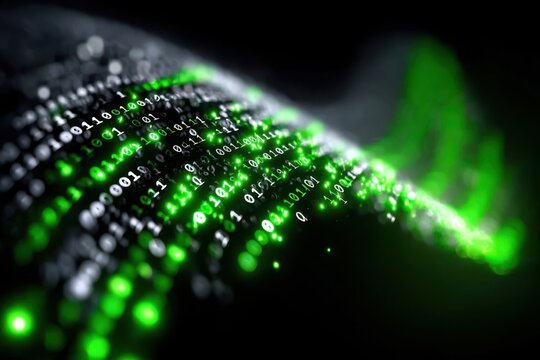 Digital landscape showcasing binary code cascading through a dark environment