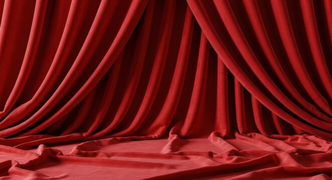 Deep red velvet curtains draped elegantly, creating luxurious folds and shadows on the fabric. - Powered by Adobe