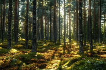 Fototapeta premium Sunlight filters through tall pine trees casting long shadows on a moss-covered forest floor with scattered rocks in a peaceful woodland setting