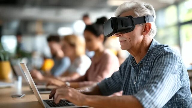 A diverse group of learners from teens to seniors uses laptops and VR headsets in a modern space hyper realistic screens with vivid course content moody shadows on desks