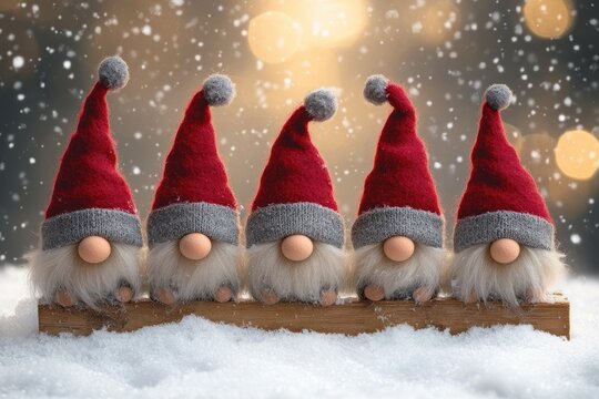 Five small gnome dolls with red and grey hats lined up on a snowy surface with falling snowflakes and warm glowing lights in the background creating a cozy festive atmosphere