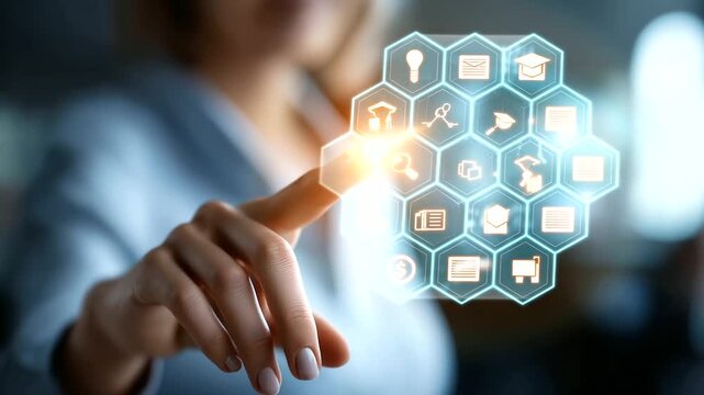 A professional engages with an AI powered e learning interface hyper realistic learning icons with vivid details moody shadows on a screen bright saturation in education visuals