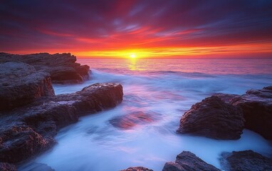 Vibrant sunset over ocean with waves crashing against dark rocky shore under colorful sky