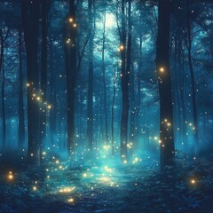 Mystical forest scene illuminated by glowing fireflies among tall trees under a serene blue night sky with a magical and tranquil atmosphere