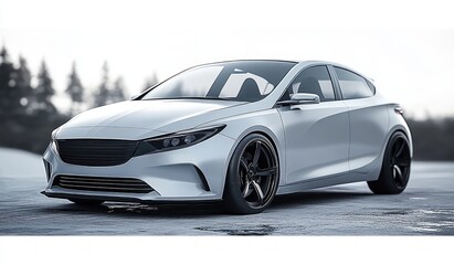 Fototapeta premium Sleek silver modern hatchback car with dark tinted windows and sporty design parked on a reflective surface with blurred forest background