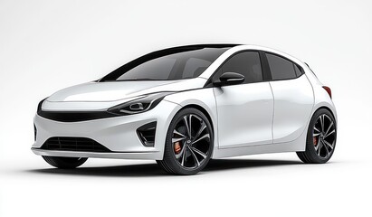 Modern sleek white electric hatchback car with aerodynamic design, futuristic headlights, black tinted windows, and stylish black and silver alloy wheels