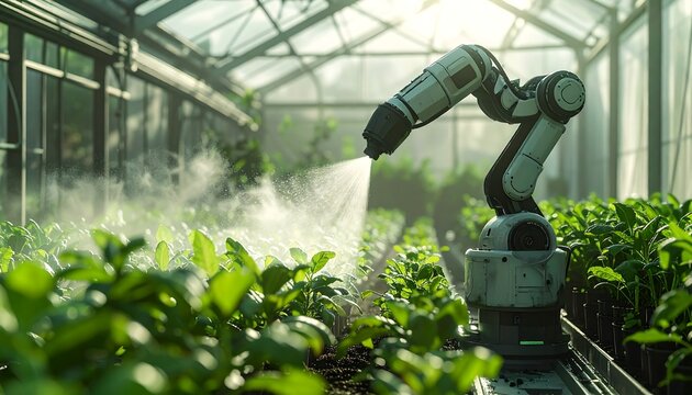 Robotic arm waters rows of lush seedlings in a bright greenhouse. Fog misting the air - Powered by Adobe