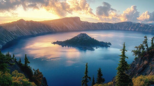 Serene crater lake at sunset with island in the center surrounded by forested cliffs under a dramatic cloudy sky