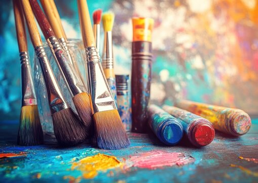 Close-up of various paintbrushes and colorful paint tubes on a textured surface covered with vibrant acrylic paints evoking creativity and artistic inspiration