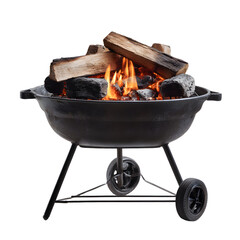 Professional Metal Charcoal Grill with Burning Wood Isolated on White Background