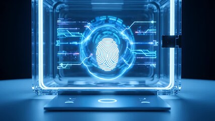 Blue Transparent Cube Featuring Fingerprint Scanner and Futuristic Technology Interface Against Dark Background - Powered by Adobe