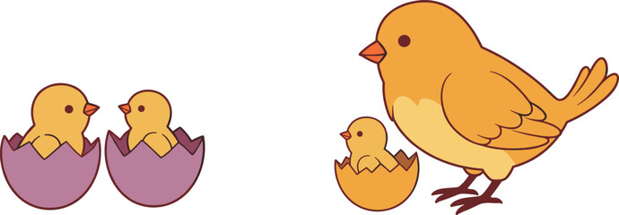 Cute yellow birds with hatching chicks in eggs, adorable baby bird family illustration, wildlife parenting concept, spring nature cartoon art