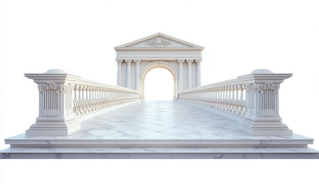 elevated marble bridge with classical balustrades leading to an ornate arched gateway with columns and a pediment under bright light - Powered by Adobe