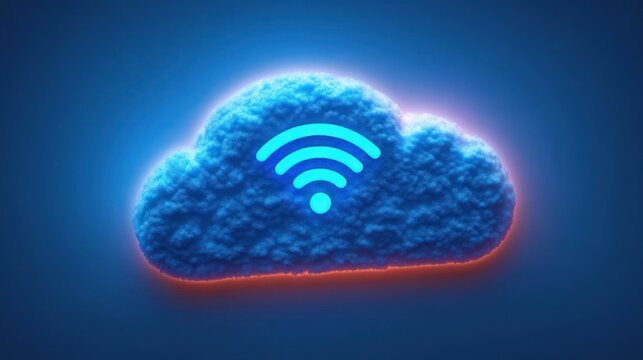 Blue fluffy cloud emitting a glowing Wi-Fi signal icon against a dark background, representing wireless connectivity and digital data cloud technology