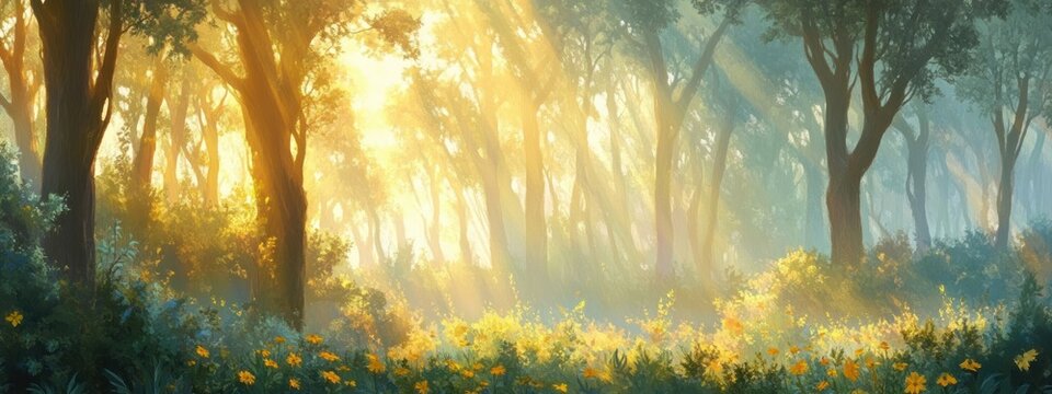 Sunlight streaming through dense forest trees illuminating a vibrant field of yellow wildflowers creating a peaceful and warm morning scene