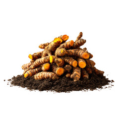Freshly Harvested Raw Turmeric Rhizomes Pile Background