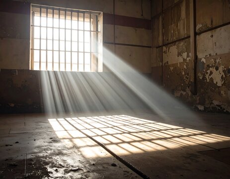 Interior image of a cell with barred window. Sunlight streams through, illuminating a dusty floor and peeling walls