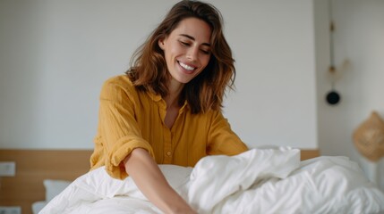Naklejka premium Smiling young woman tidying bed linens in a cozy, well-lit bedroom, wearing a warm yellow shirt.