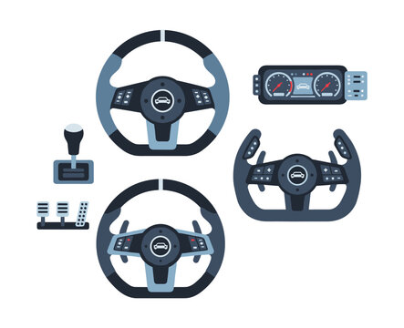 Car steering wheel, dashboard, gear stick, pedals for racing and driving