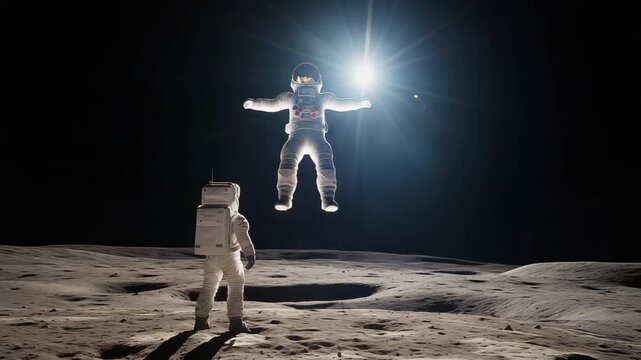 Astronaut jumping on moon surface in light flare animation video. Cosmonauts lunar weightless moment animated footage clip seamless HD motion graphics. Spacemen zero gravity concept