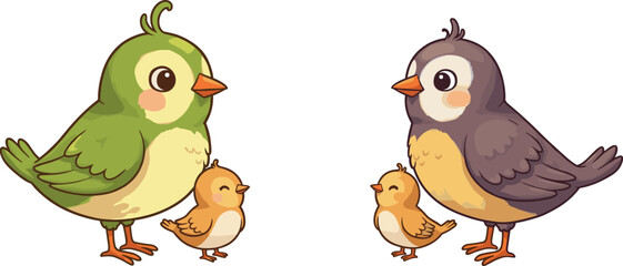 Cute green and brown birds with their chicks, adorable family illustration, wildlife parenting concept, cartoon animal art for kids