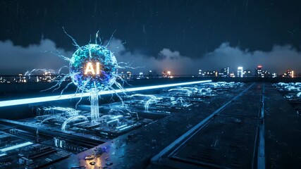 Glowing AI orb hovers over city. Digital neural network sends data across rooftop. Artificial intelligence core pulses hologram link. Technology network links car and server grid. Futuristic glow. - Powered by Adobe