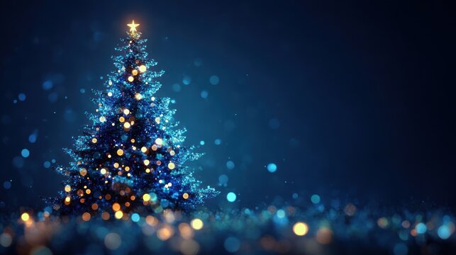 Illuminated Christmas tree decorated with glowing lights and a star topper surrounded by floating light orbs in a dark, festive setting