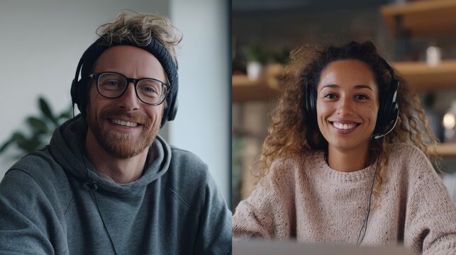 A cheerful man and woman connect over a video call, showcasing the joy of virtual communication.