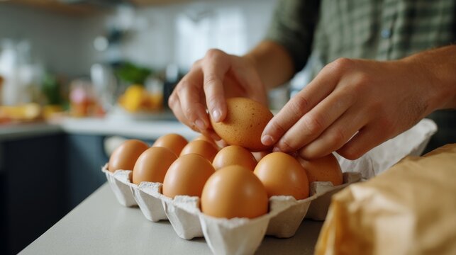 A person carefully removes an egg from a carton, showcasing fresh, brown eggs in a cozy kitchen setting.