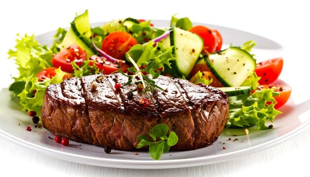 Plate with juicy grilled steak, vibrant salad, tomatoes and sliced cucumbers against bright white background - Powered by Adobe