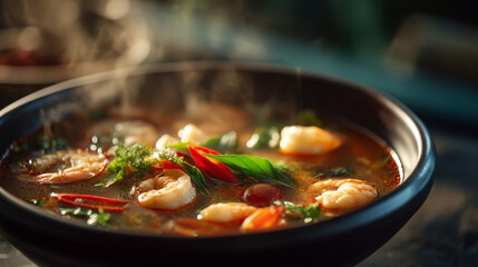 Close up of a bowl of steaming shrimp soup with chili peppers and herbs