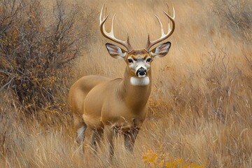 Fototapeta premium Majestic male deer with large antlers standing alert in dry golden grassland surrounded by sparse bushes in autumn