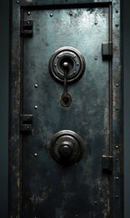 Fototapeta premium Close-up view of an old, heavy metal safe door with a large central handle and a circular locking mechanism, showing rust and wear