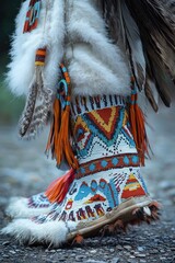 Close-up of traditional decorated footwear with intricate beadwork, fur accents, feathers, and vibrant tassels on a rocky ground background, evoking cultural heritage and craftsmanship