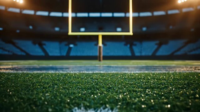 Football and ball rest on turf near field. Goalpost rises beyond line. Empty stands surround arena. Wide view covers playing surface. Field awaits players for match. No crowd presence. Play pending.