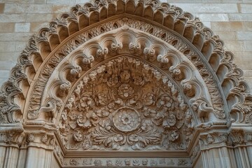 Close-up of an intricately carved stone archway with floral and ornamental patterns in a symmetrical design
