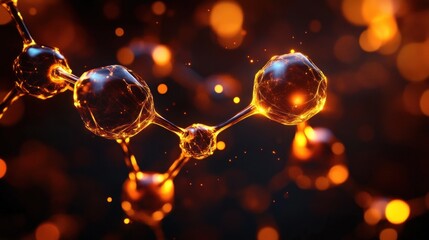 Close-up of glowing molecular structure with interconnected spherical atoms in a dark environment illuminated by warm orange light