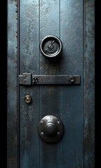 Obraz premium Close-up of an old heavy metal door with rust, featuring a large round combination lock, a rotating handle, a latch, and a small round knob, evoking a sense of security and mystery