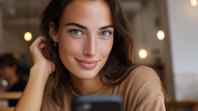 A young Caucasian woman smiles warmly while using her smartphone in a cozy café setting. - Powered by Adobe