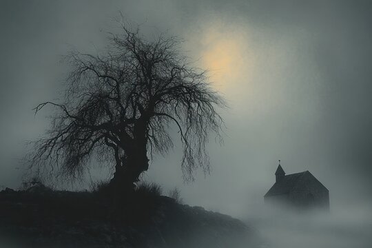 foggy landscape featuring a twisted, leafless tree on a rocky hill and a small stone church surrounded by mist under a gloomy sky with soft light