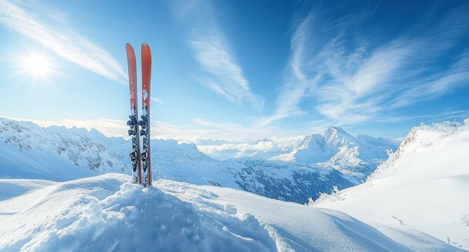 A pair of red skis standing upright in fresh snow with a bright sun and clear blue sky over snow-covered mountain peaks