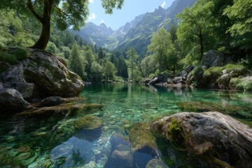 Lake surrounded by mountains and lush trees reflecting in clear water during a sunny day