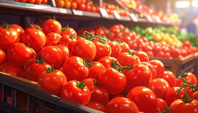 Plentiful ripe red tomatoes on display at a grocery store, some with green stems. Other produce visible in background - Powered by Adobe