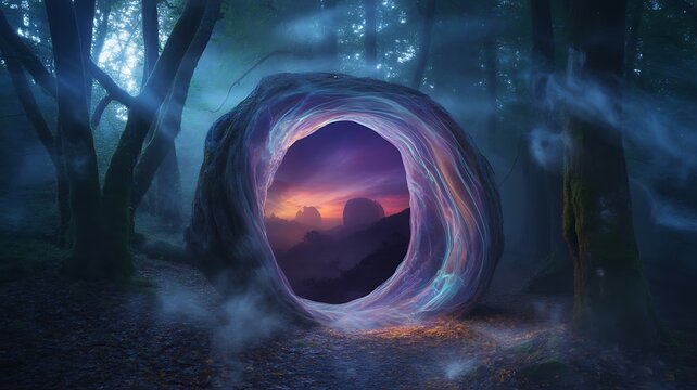 Mystical portal in a dark forest at twilight, glowing with ethereal light and showing a mountain landscape within