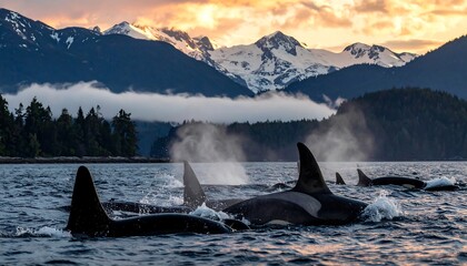 Fototapeta premium Pod of orcas swims in ocean with snow-capped mountains and sunrise sky